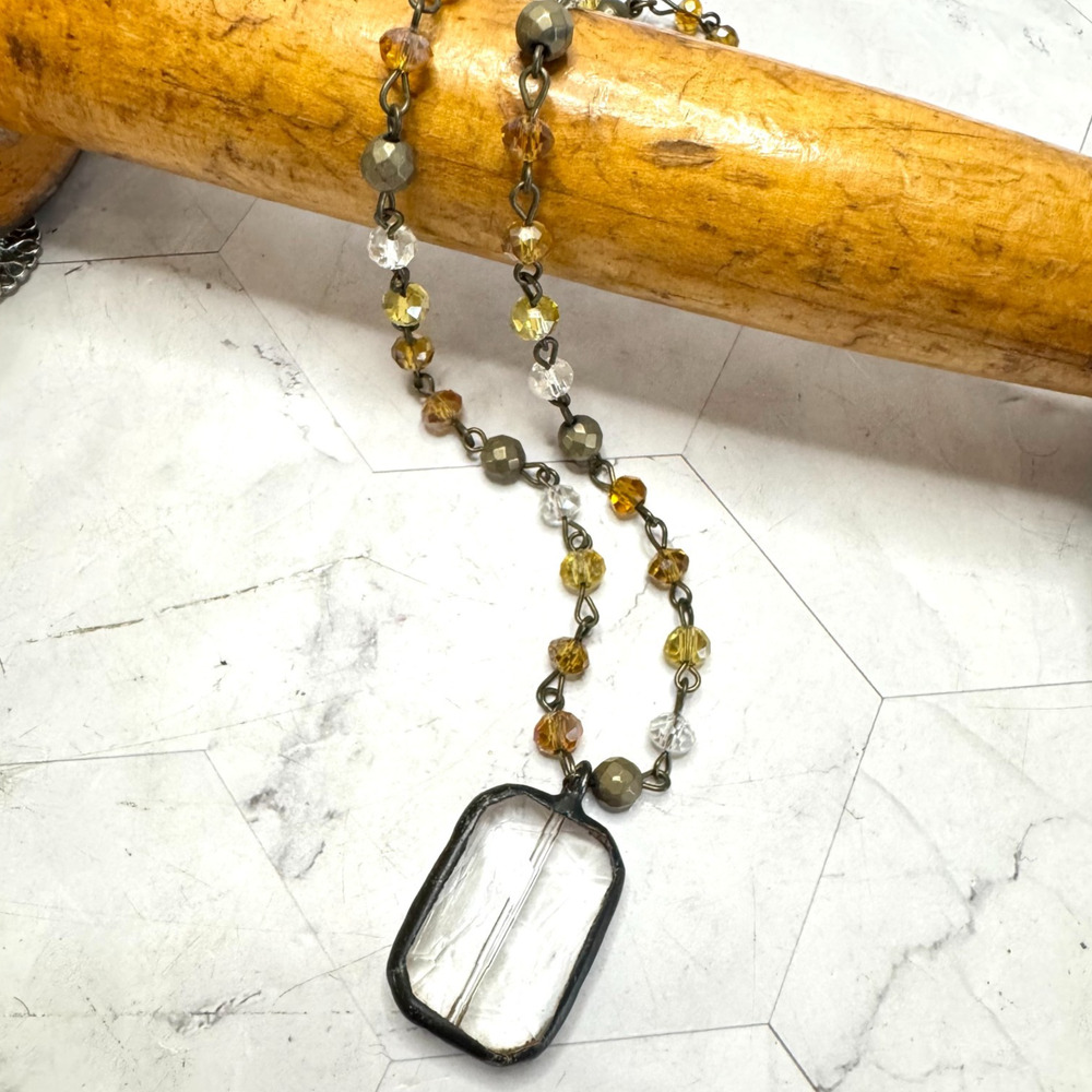 Melania Clara Necklace Glass Square Pendant Faceted Bead Antiqued Gold Tone